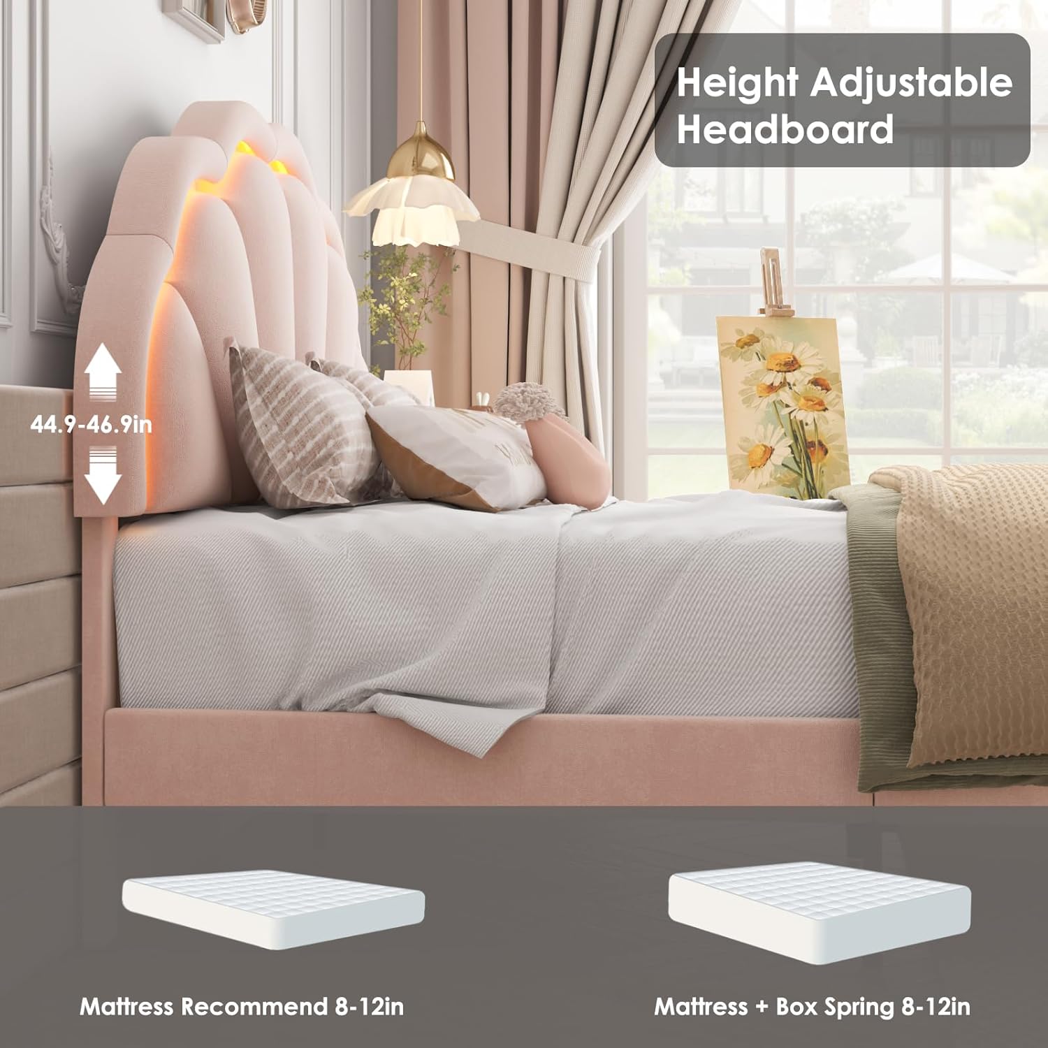 HIFIT Full Upholstered Smart LED Bed Frame with Adjustable Chic Petal Headboard, Princess Full Size Platform Bed Frames for Girls, Wooden Slats Support, No Box Spring Needed, Easy Assembly, Pink
