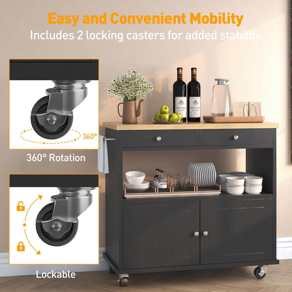 knoworld Rolling Kitchen Island with Storage Cabinet, 35.4'' Width Kitchen Cart, 2 Drawers Island Table, Portable Mobile Kitchen Island with Towel Rack, Wood Top and Lockable Wheels, Black