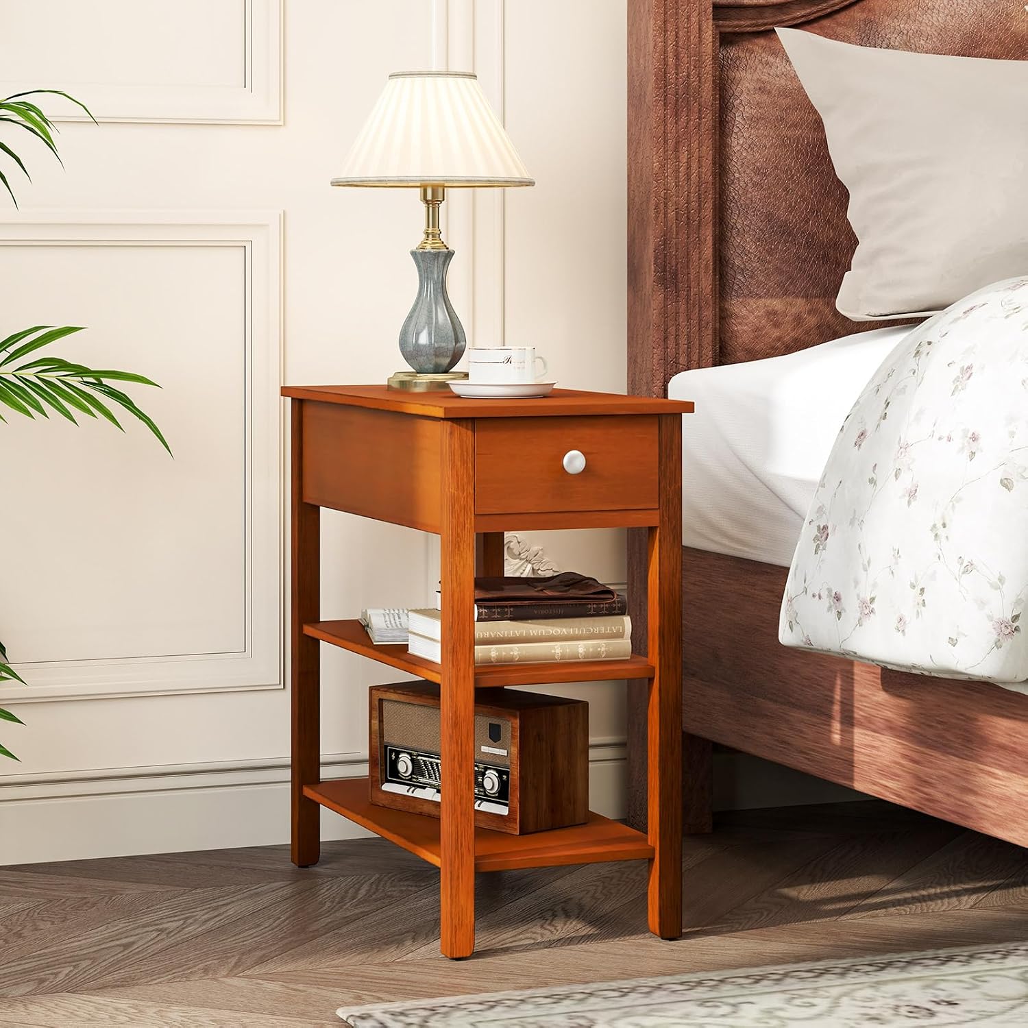Tangkula Narrow End Table Set of 2, 24.5'H Farmhouse Couch Bedside Table with Drawer, Storage Shelves, Rubber Wood Legs, 3-Tier Nightstand, Slim Side Table for Small Spaces, Living Room Bedroom, Brown