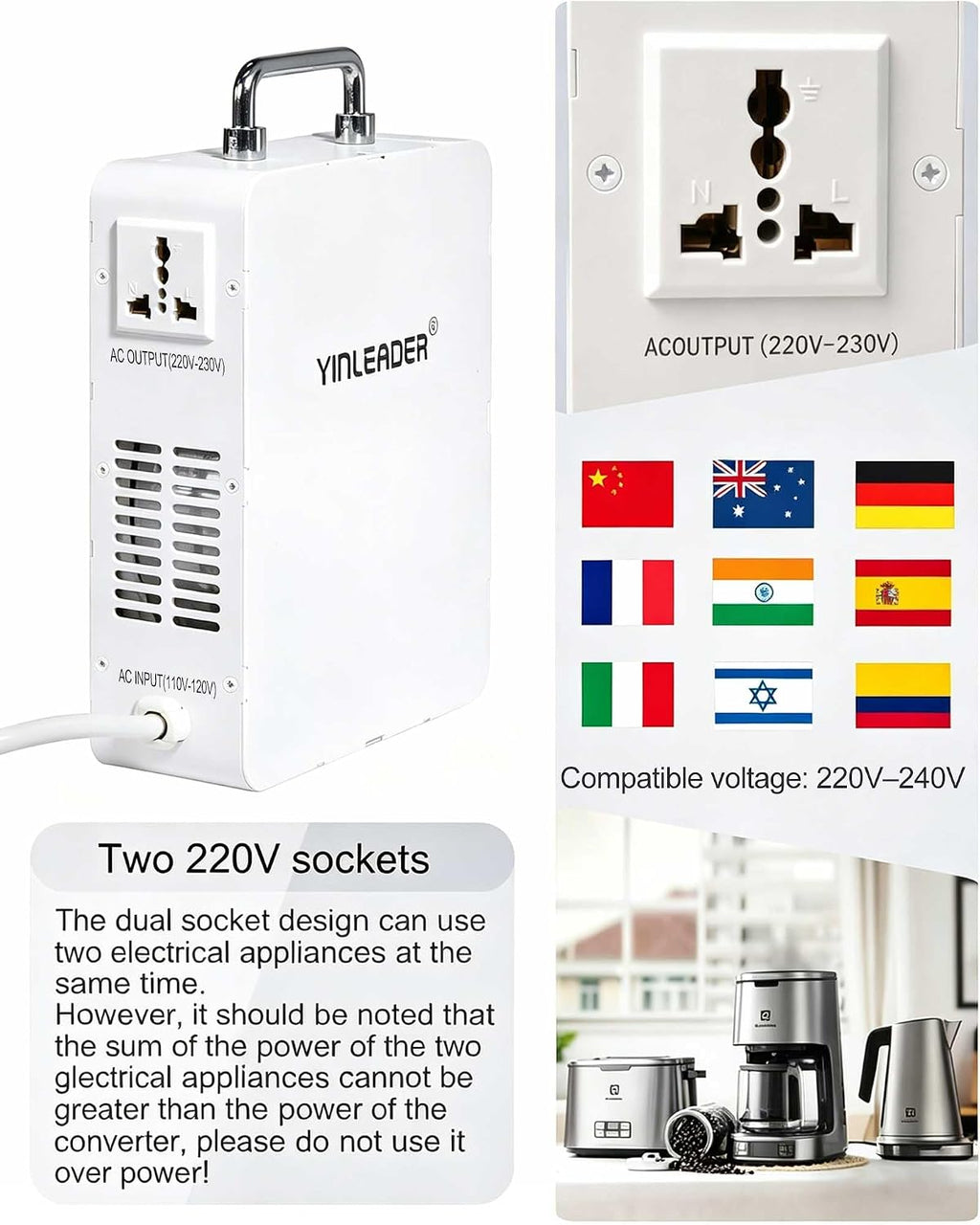 Yinleader 3000W 110v to 220v Converter Step Up Voltage Transformer 110v/120V to 220V/240V for Euro/Asia/DE/FR/UK/AU Appliances Used in US/CA/MX(White)