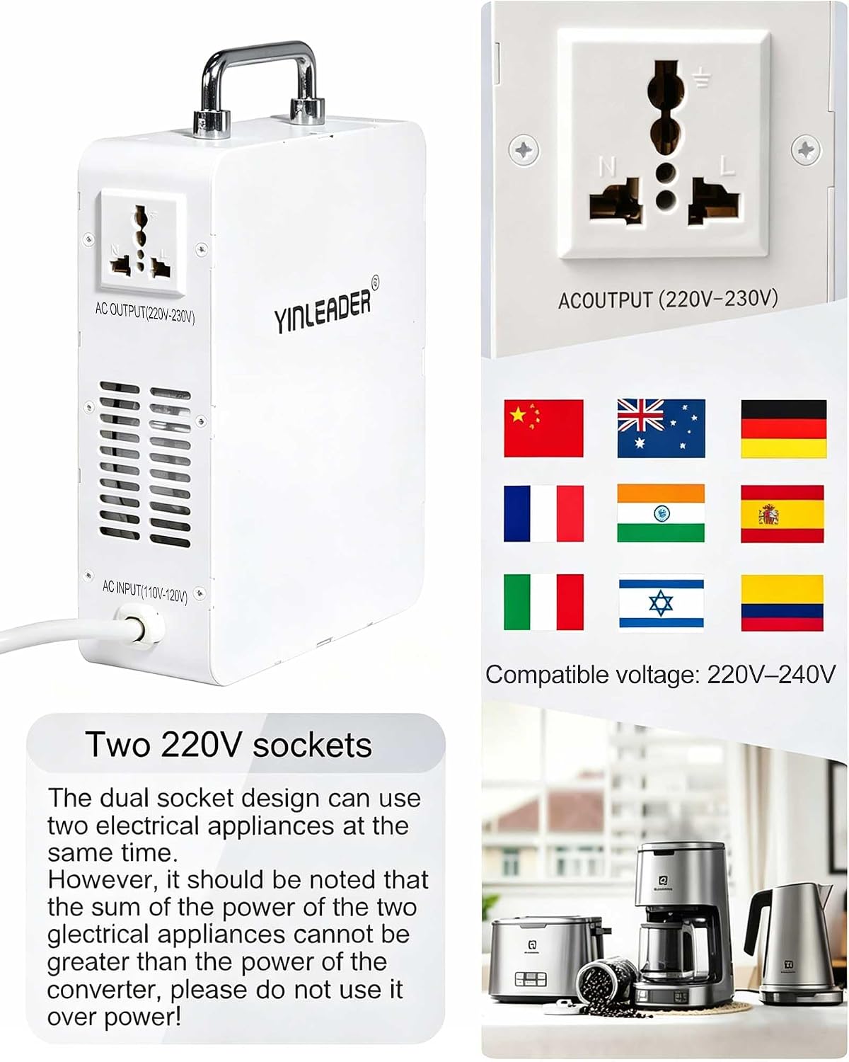 Yinleader 3000W 110v to 220v Converter Step Up Voltage Transformer 110v/120V to 220V/240V for Euro/Asia/DE/FR/UK/AU Appliances Used in US/CA/MX(White)