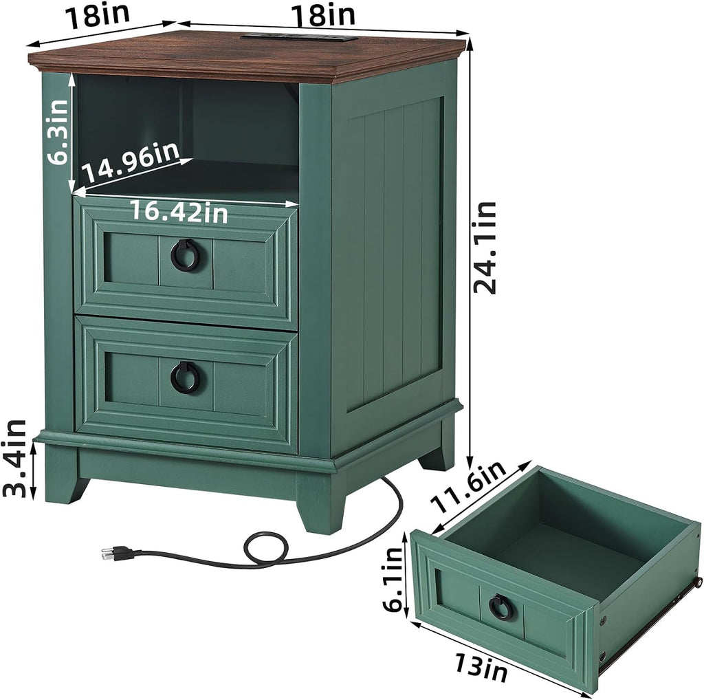 Joaxswe 18' Farmhouse Night Stands Set of 2 with Charging Station, 2 Drawers Bedside End Table, Green Wooden Nightstand, Bed Side Table Cabinet with Open Shelf for Bedroom Living Room Office