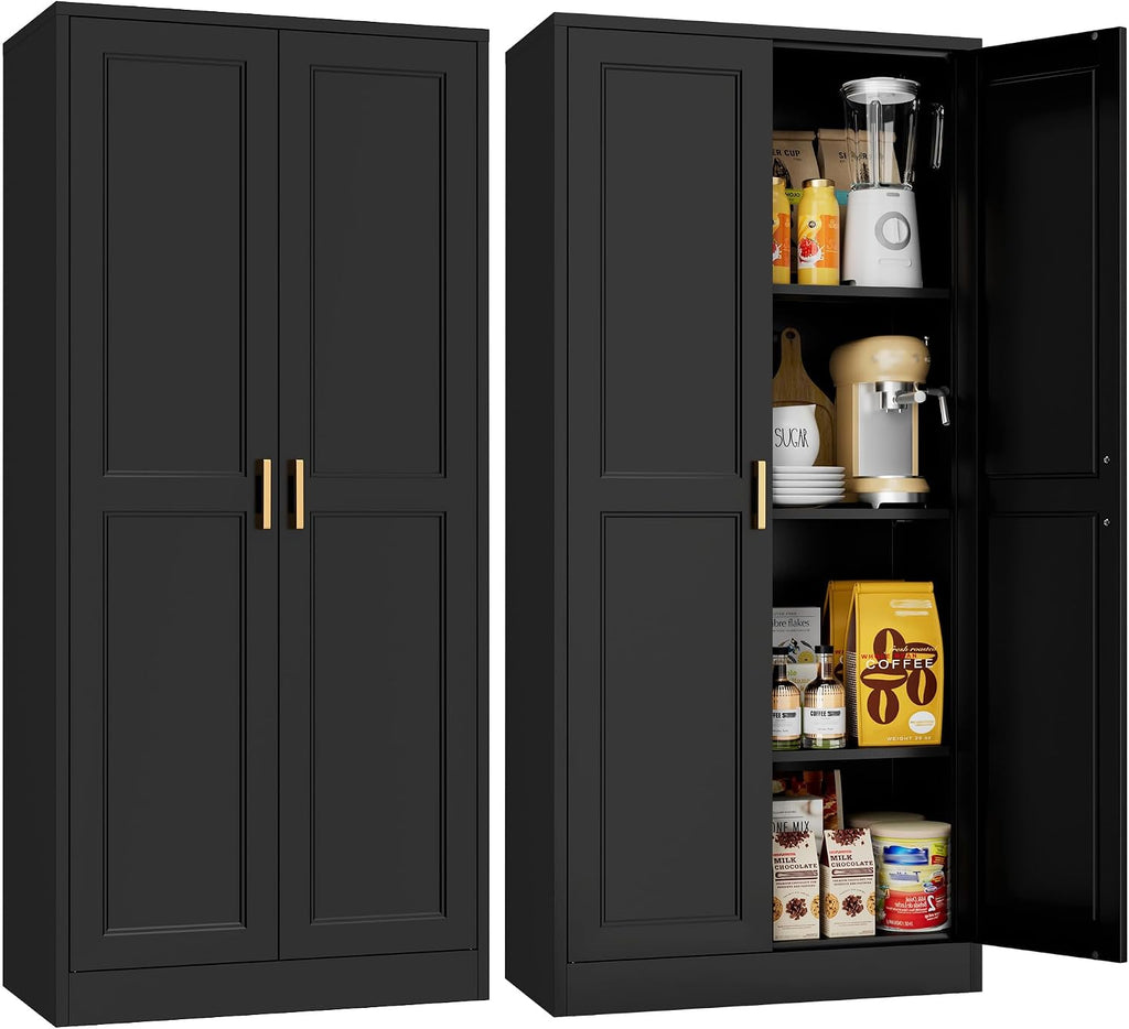 60' Tall Kitchen Storage Cabinet with 2 Doors, Metal Kitchen Pantry Cabinets with 3 Adjustable Shelves, Black Freestanding Food Cabinet, Large Cupboard for Office, Dining, Living Room,Hallway