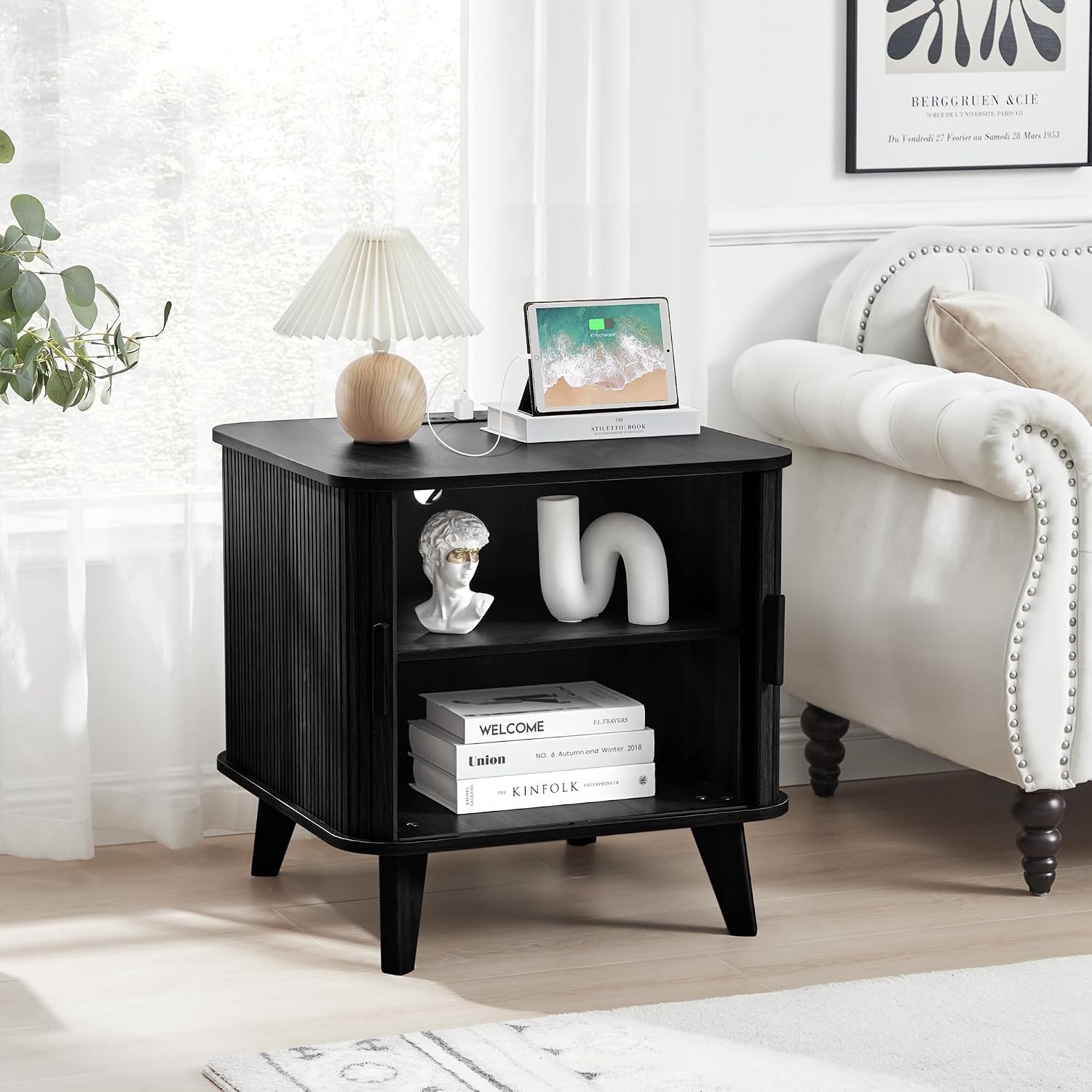 Farmhouse Square End Table with Charging Station, 24' Large Fluted Sofa Side Table with Sliding Tambour Door and Storage, Rustic Curved Wood Nightstand for Living Room, Bedroom, Black