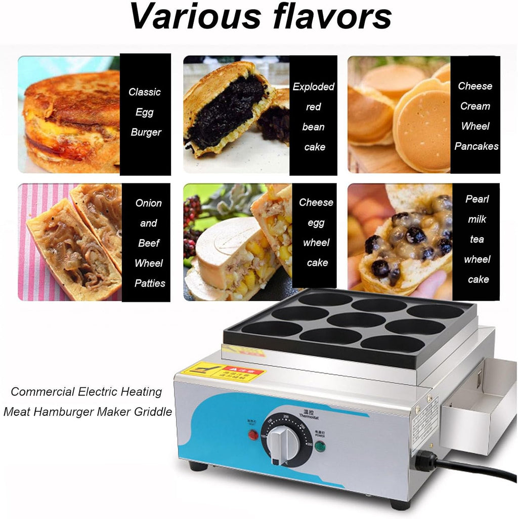 Commercial Electric Heating Red Bean Cake Machine, 9 Holes Egg Pancake Frying Pan, 50-300℃ Safe Temperature Control Rapid Heating, Red Bean Cake Machine