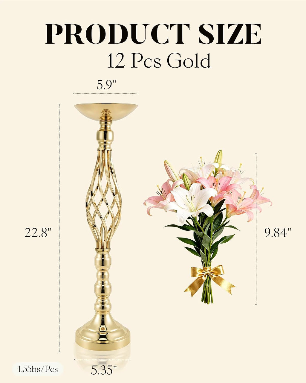 12 Pcs Tall Gold Vase Centerpieces for Table Wedding Vase - 22.8' Tall Quinceanera Centerpieces for Table- Gold Flower Centerpiece Stands- with Spiral Shape & 146g Weighted Base