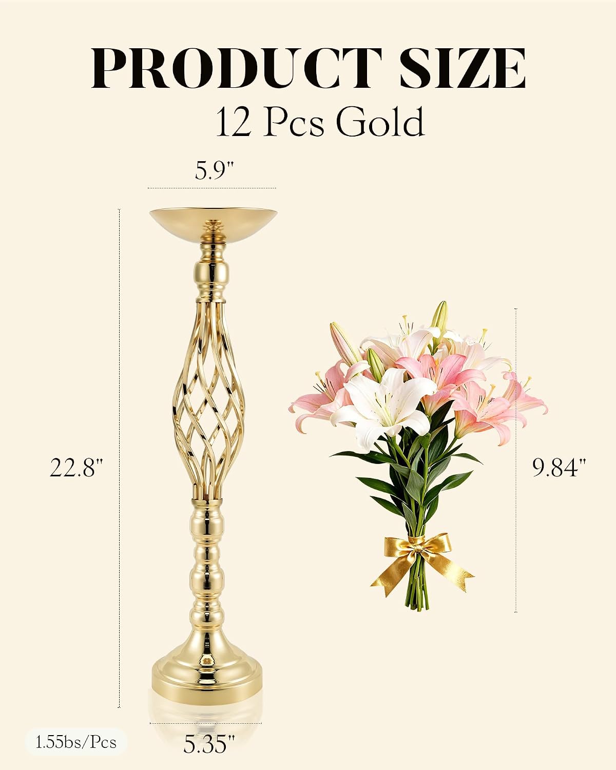 12 Pcs Tall Gold Vase Centerpieces for Table Wedding Vase - 22.8' Tall Quinceanera Centerpieces for Table- Gold Flower Centerpiece Stands- with Spiral Shape & 146g Weighted Base