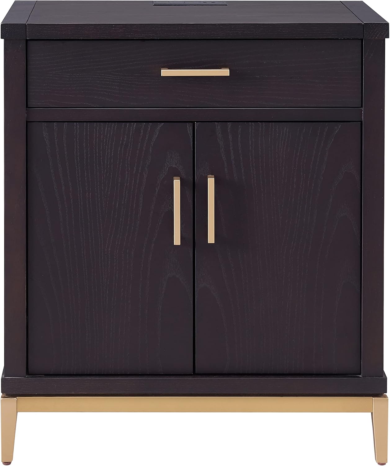 Leick Home Julien Nightstand Side Table One Drawer and Lower Cabinet Modern – Fast Charging Station – Durable Solid Wood – Living Room, Bedroom, Office, Black with Gold Trim, 9079–BLKGD