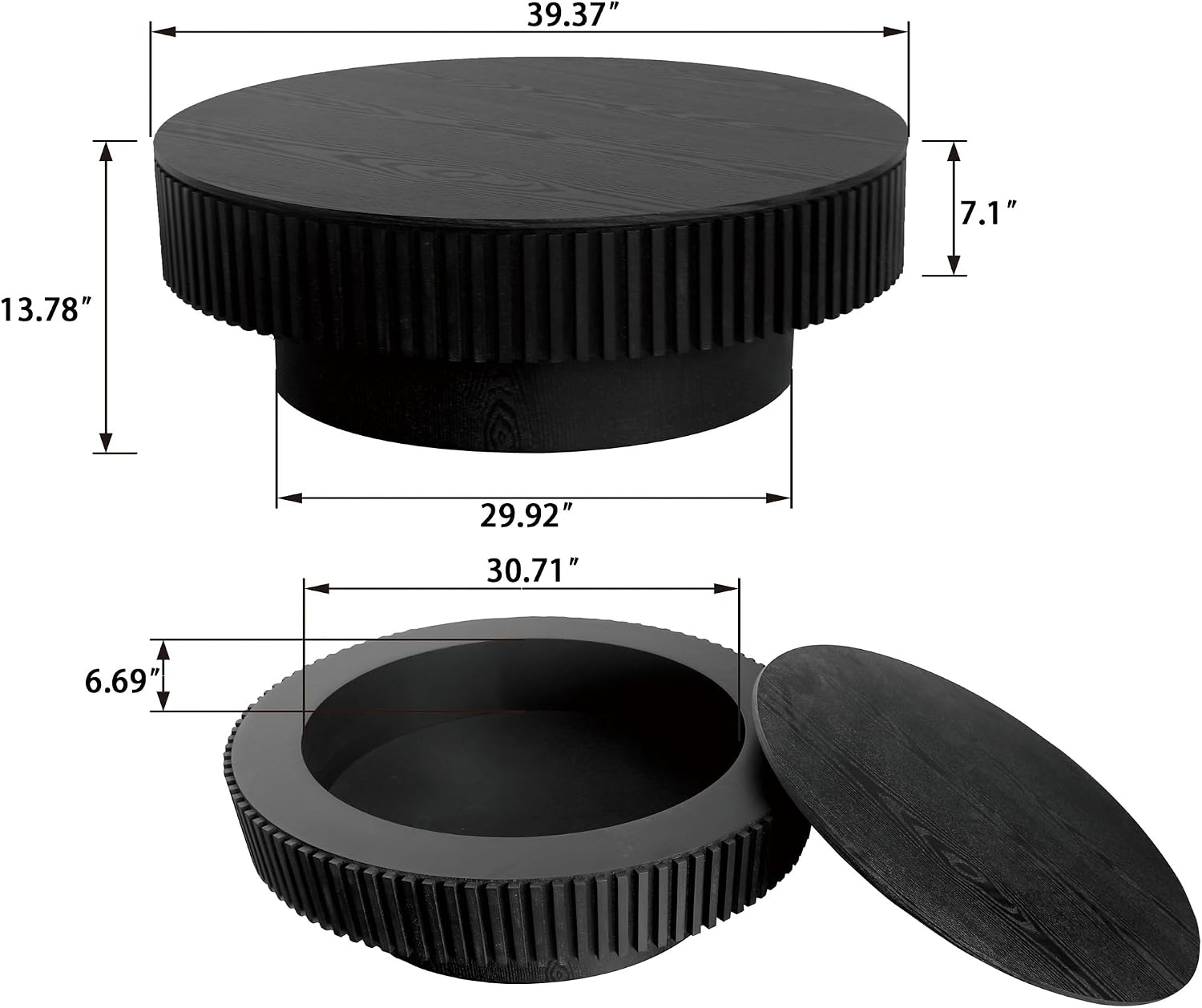39'' Round Coffee Table with Storage, Modern Wooden Coffee Table with Solid Wood Veneered, Circle Center Table Accent Tea Table for Living Room Apartment Black