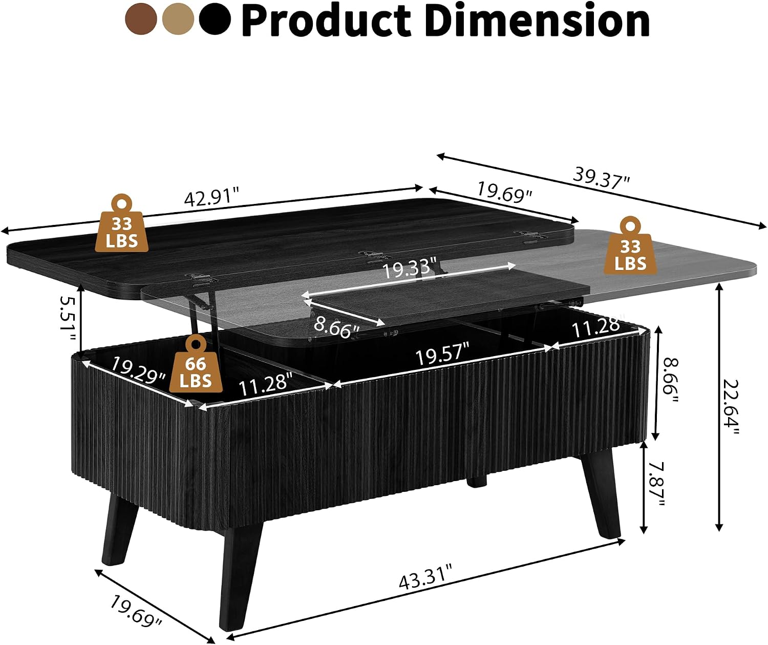 Fluted Lift Top Coffee Table, 3 in 1 Convertible Coffee Tables Converts to Dining Tables, Modern Oval Wooden Center Table with Storage for Living Room Office Small Space, Partial Assembly (Black)