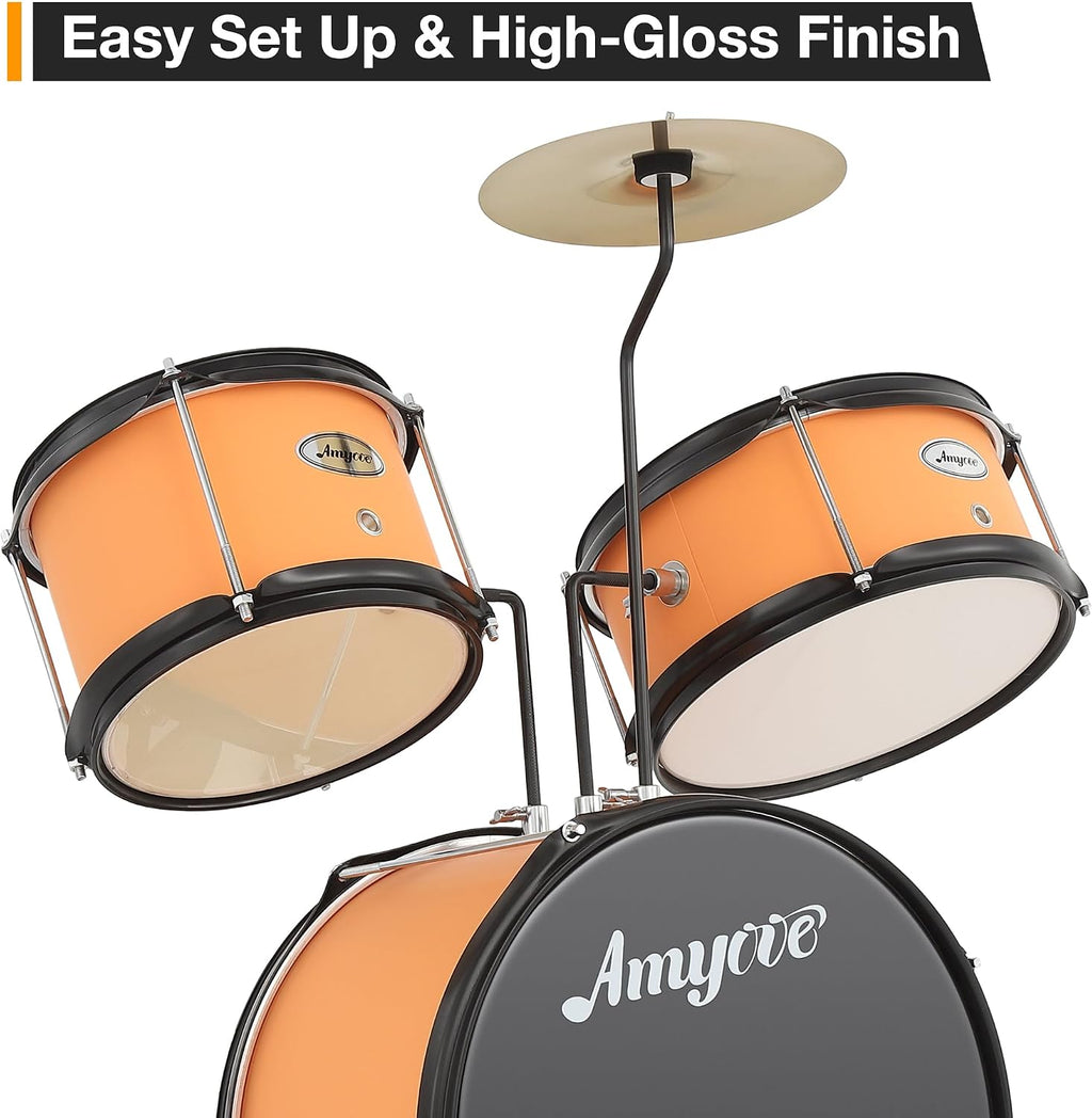 3-Piece Beginner Drum Set, Beginner Drum Set,with Bass Tom Snare Drum, 14 Inch Drum Kit with Snare, Cymbal, Drumsticks, Adjustable Seat (Yellow)