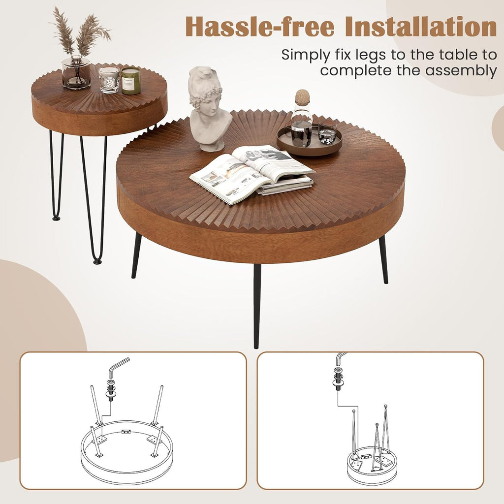 COSTWAY Farmhouse Round Coffee Table Set of 2, Rustic Sofa Side Tea Tables w/Wood Finish, Metal Frame, Adjustable Foot Pads, Nesting End Table Set for Living Room, Bedroom (Radial Pattern, Brown)