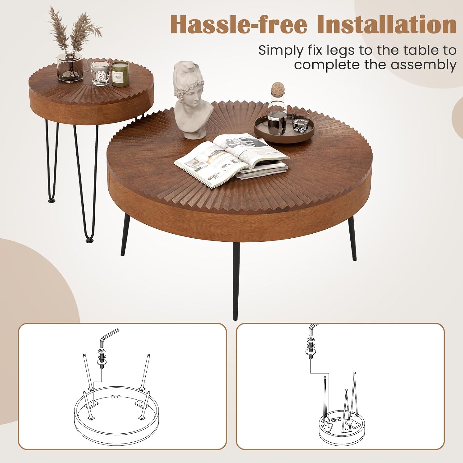 COSTWAY Farmhouse Round Coffee Table Set of 2, Rustic Sofa Side Tea Tables w/Wood Finish, Metal Frame, Adjustable Foot Pads, Nesting End Table Set for Living Room, Bedroom (Radial Pattern, Brown)
