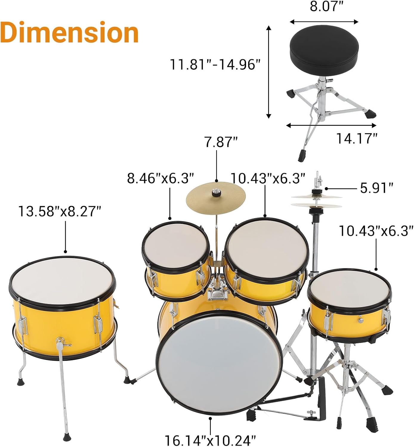 5-Piece 16 Inch Kids Drum Set, Junior Drum Kit with Bass Drum, Snare, 2 Toms, Cymbal, Hi-Hat, Throne Stool, Drumsticks & Pedals, Musical Gift for Beginner Students Ages 4+(Yellow)
