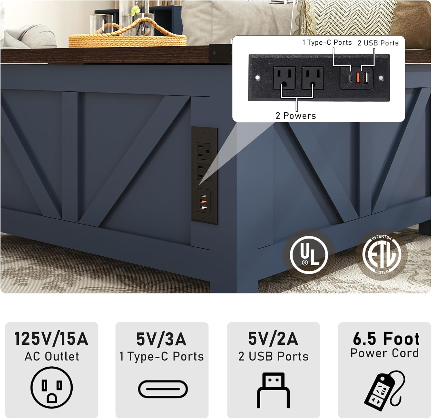 jimeimen Farmhouse Lift Top Coffee Table with Storage, Wood Square Center Table with Charging Station&USB Port, Living Room Table w/Large Hidden Space, for Living Room, Bedroom, Home Office, Blue