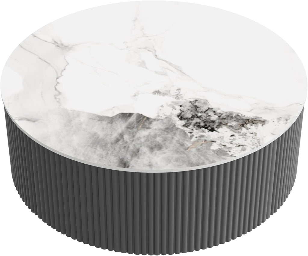 Merax 29.5' Round Fluted Coffee Table for Living Room, Movable Accent Table with Casters and 2 Storage Drawers, Marble Pattern Sintered Stone Top, Black and White