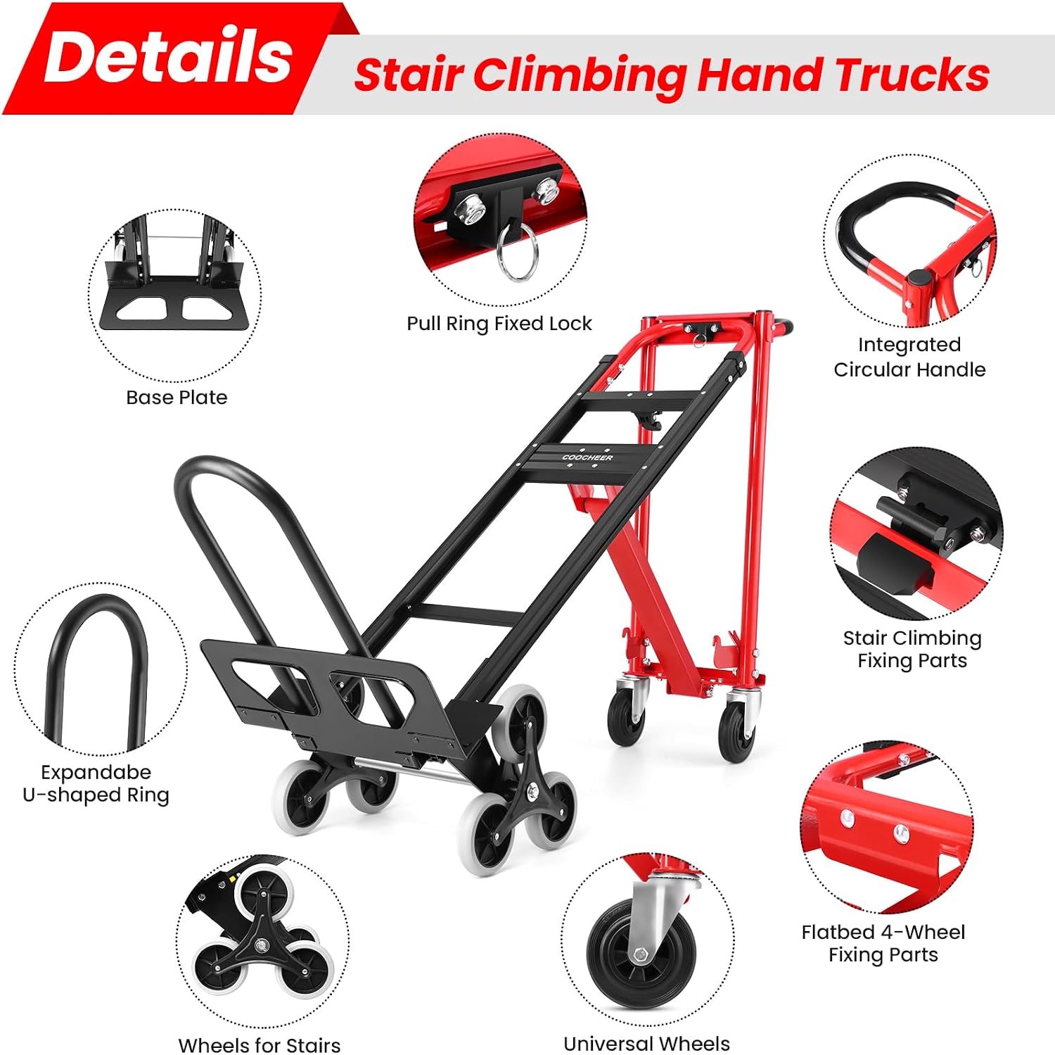 3 in 1 Convertible Hand Truck, 1000LBS Heavy Duty Aluminum Stair Climbing Dolly, Folding Hand Truck Dolly Cart with Solid Wheels for Moving/Travel/Office (Red)