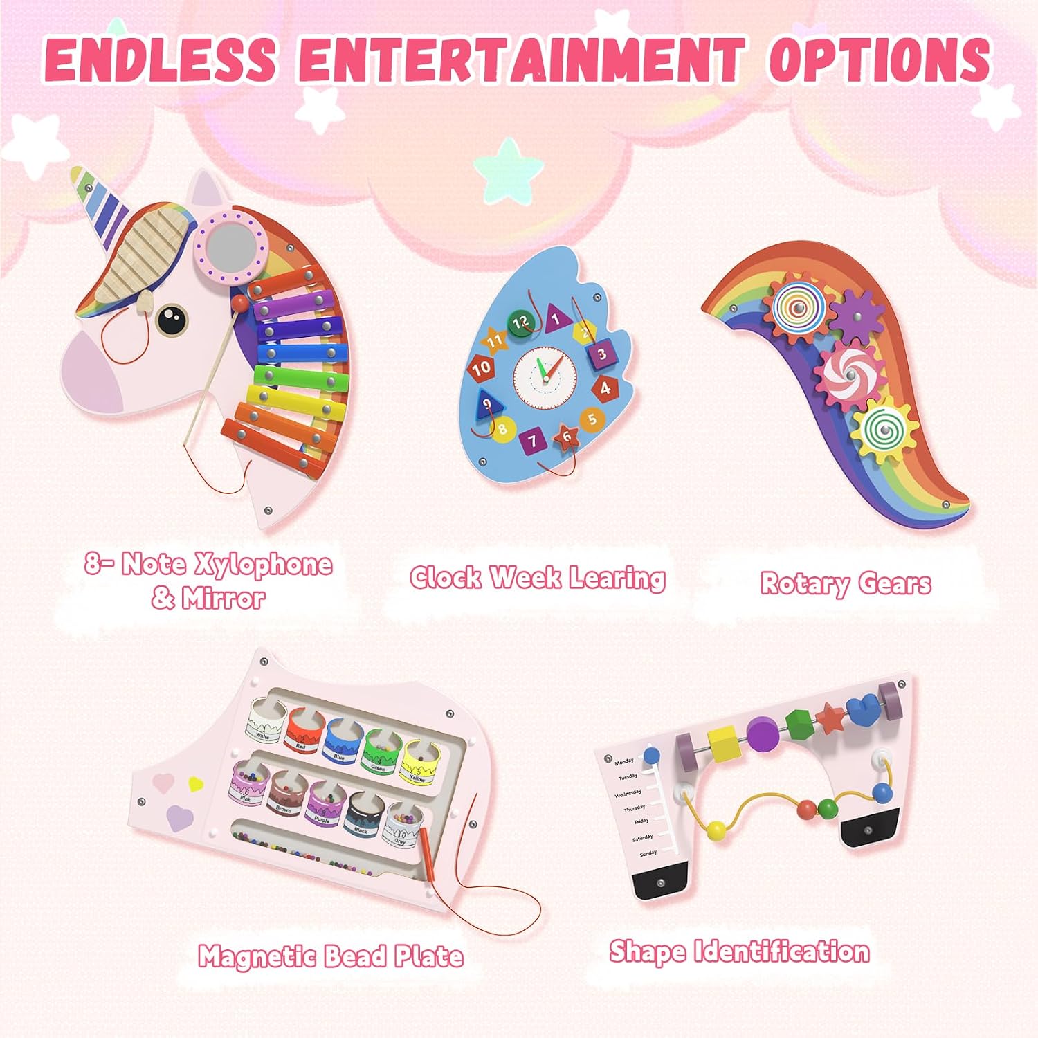 Spacocld Activity Wall Busy Board Panels - Sensory Wall Panel for Kids (5 Pieces Colorful Unicorn)