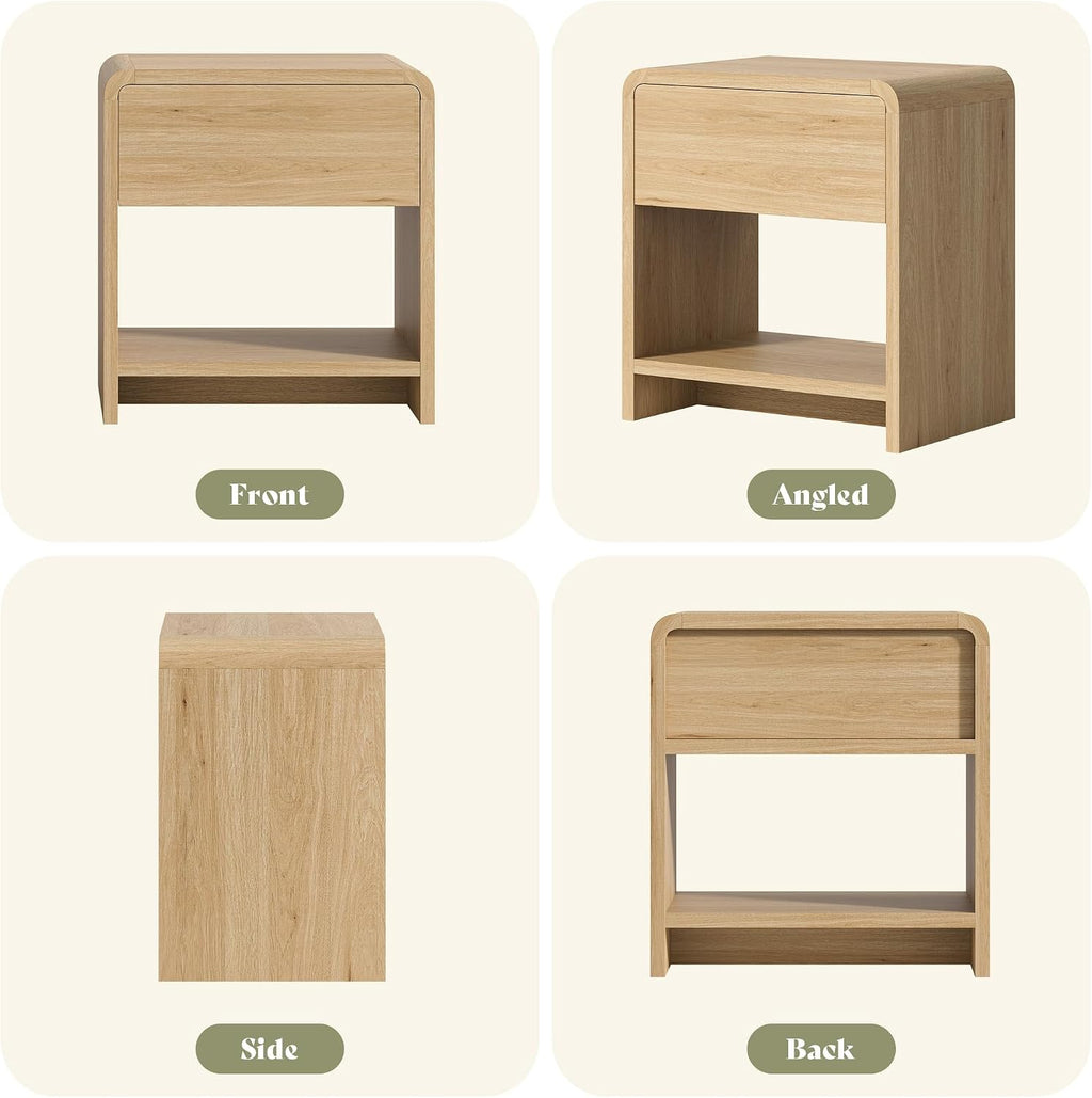 AMERLIFE Modern Night Stand Set 2 with Storage Drawer & Open Shelves, 24' Round Bedside Table Nightstand with Curved Top Corners for Bedroom Living Room Sofa Office, End Table for Small Spaces, Oak