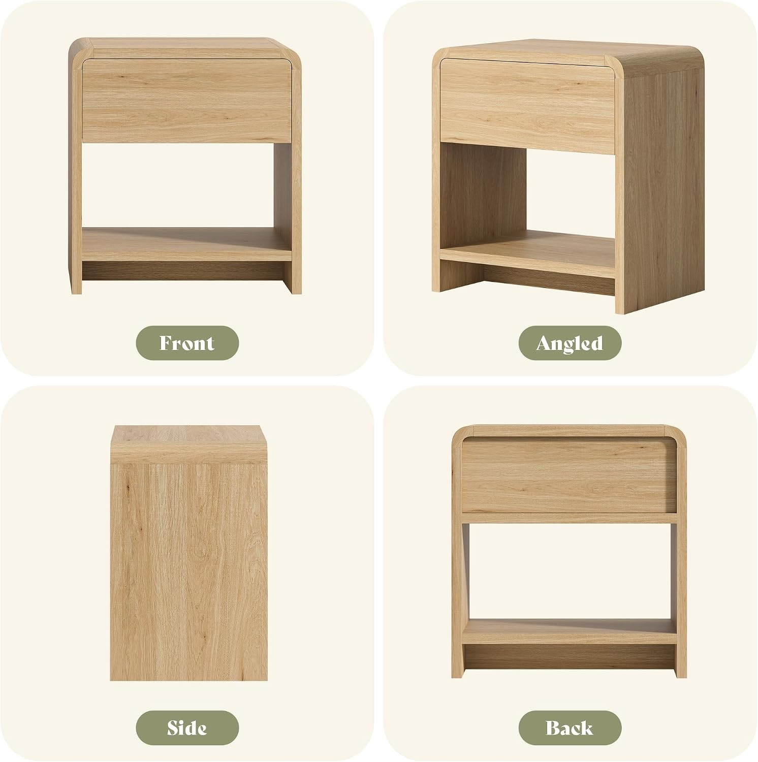 AMERLIFE Modern Night Stand Set 2 with Storage Drawer & Open Shelves, 24' Round Bedside Table Nightstand with Curved Top Corners for Bedroom Living Room Sofa Office, End Table for Small Spaces, Oak