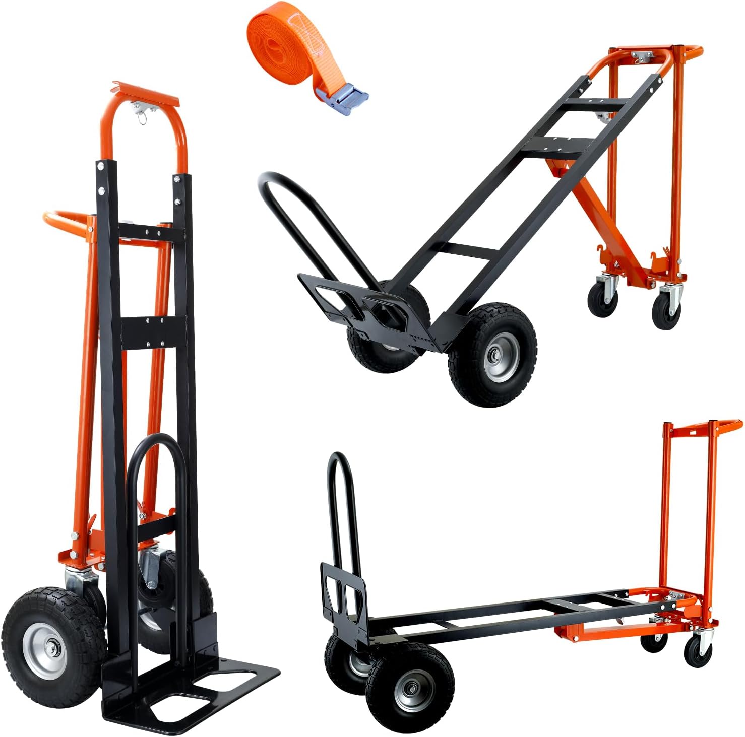 4 in 1 Convertible Hand Truck Dolly Cart,Industrial Hand Truck,1000 Lbs Capacity Hand Trucks Heavy Duty Dolly cart with PU Wheels and Cargo Straps for Moving (Orange)
