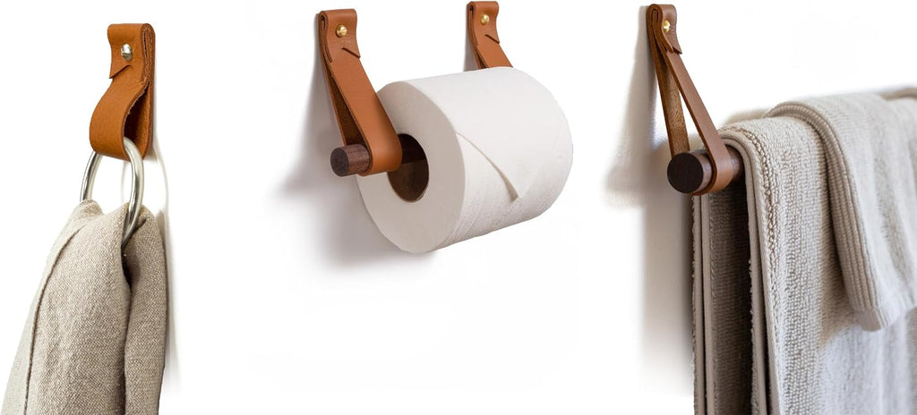 Bathroom Fixture Kit includes leather & wood Toilet Paper Roll Holder, Bath Towel Rail, leather & brass hanging Hand Towel Ring hook with gold hardware, straps are wall mounted, accessories rack
