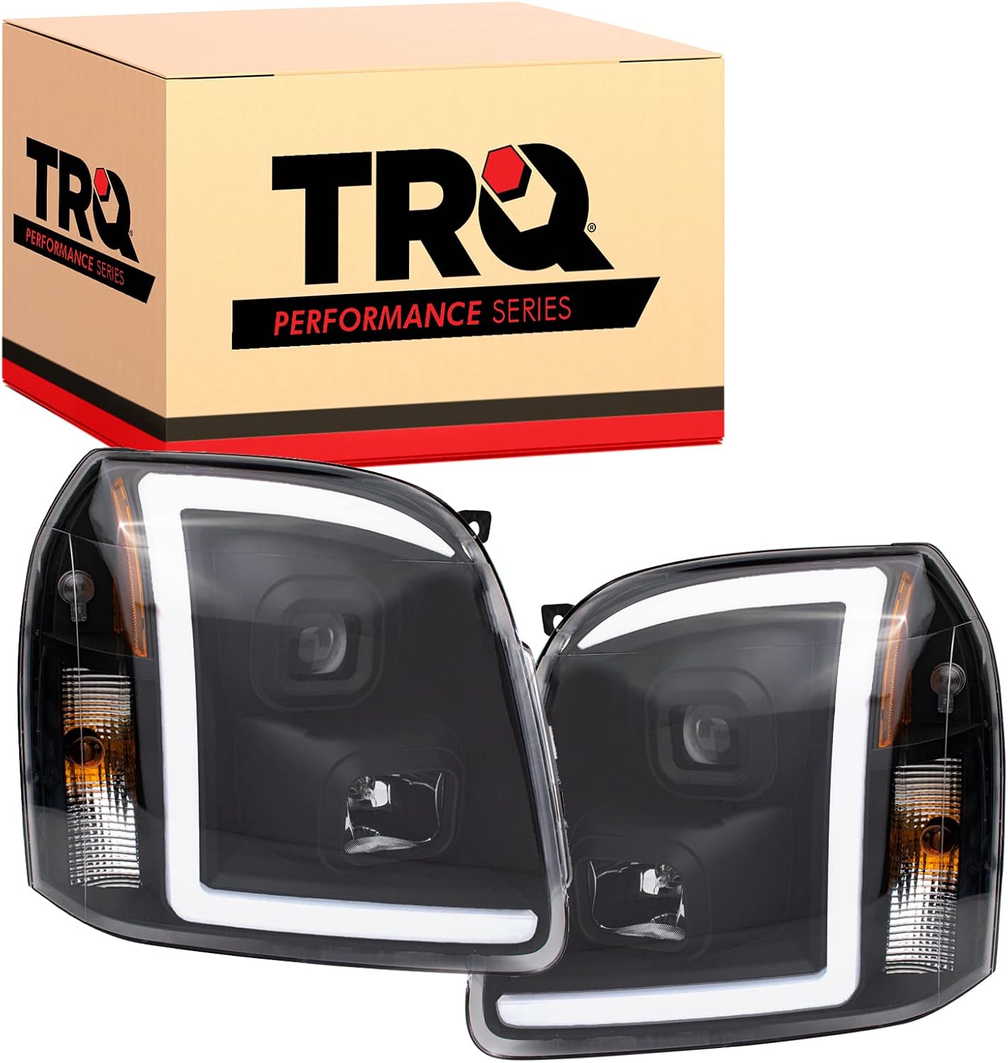 TRQ Performance Driver and Passenger Side Headlight Assembly Set Projection Style Black Housing Clear Lens Compatible with 07-14 GMC Yukon 07-14 GMC Yukon XL 1500 07-13 GMC Yukon XL 2500