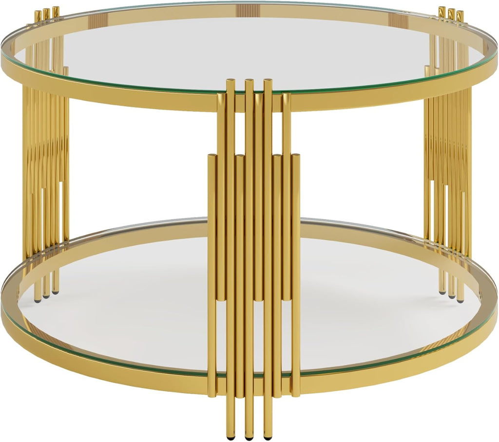 Modern Glass Coffee Table in 31.5', Asymmetrical Metal, Circular Metal Drum Base, Gold Finish & Lower Shelf