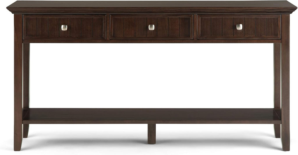SIMPLIHOME Acadian Console Table - 60 Inch Wide Solid Wood Sofa Table in Brunette Brown, Transitional Storage Table for Entryway or Living Room with 3 Drawers and Open Bottom Shelf