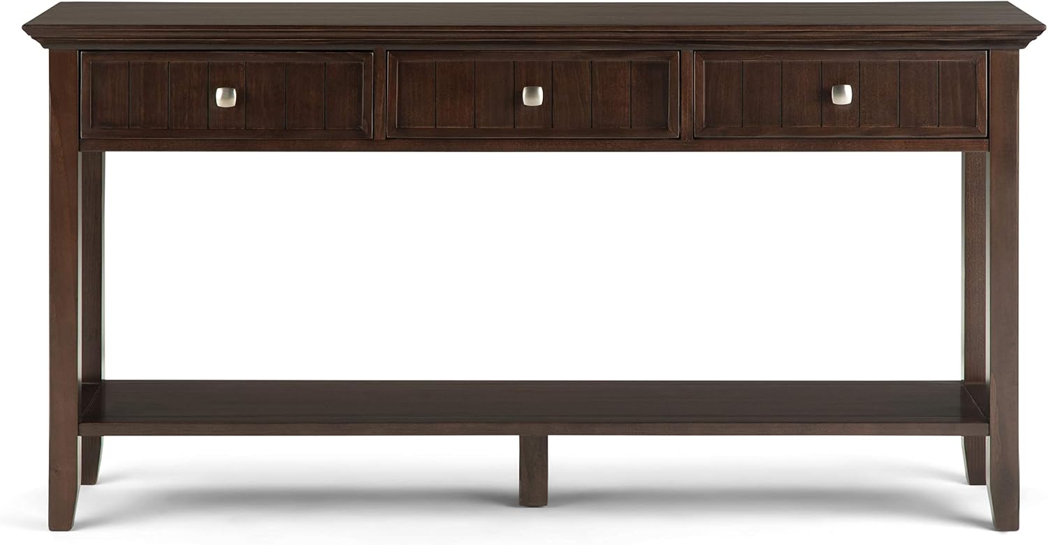 SIMPLIHOME Acadian Console Table - 60 Inch Wide Solid Wood Sofa Table in Brunette Brown, Transitional Storage Table for Entryway or Living Room with 3 Drawers and Open Bottom Shelf