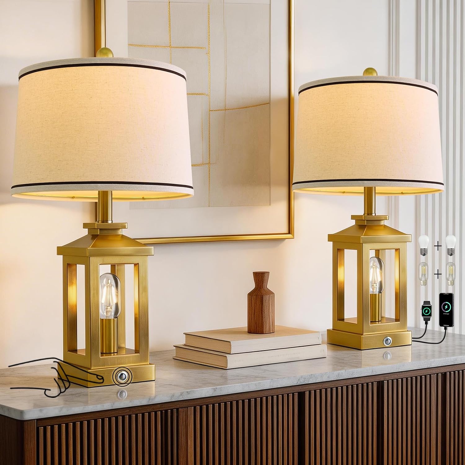 G-SAFAVA 24' Table Lamps for Living Room Bedroom Modern Gold Bedside Lamps Set of 2 Nightstand Lamps for Night Stands 3 Way Dimmable Touch Lamp with USB C+A Ports and 2 Light Sources, 4 Bulbs Includes
