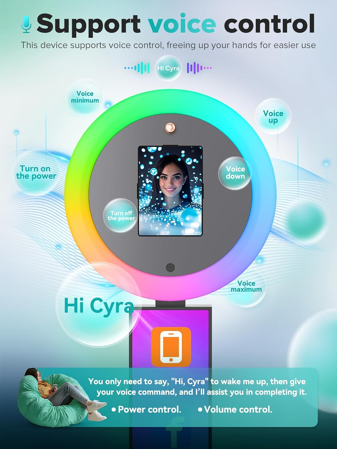 Portable Photo Booth Stand, 22' RGB Light, Open Air Booth for Events | Music Sync Ring, APP AI Face Detection, External Printer Support, Fits 7.9'-13' Tablets, Flight Case