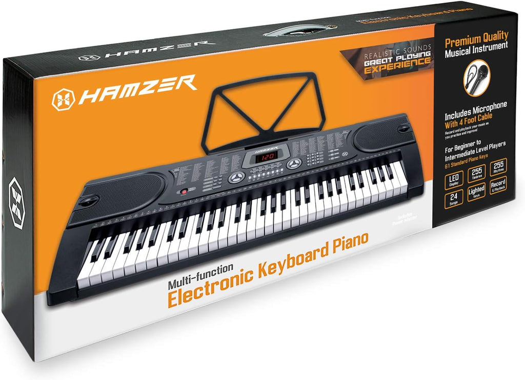 Hamzer 61 Key Keyboard Piano with Lighted Keys, Beginner Electronic Piano Keyboard Set with Stand, Bench, Headphones, Microphone, Keynote Stickers