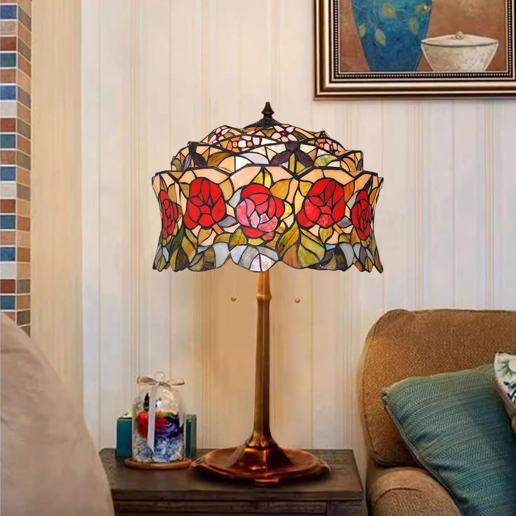 Tiffany Lamp Shade Replacement Only 16X9 Inch Rose Stained Glass Lampshades, Vintage Red Flower Hat Light Cover for Table Lamp Floor Lamp Hanging Pendant lamp Ceiling Light