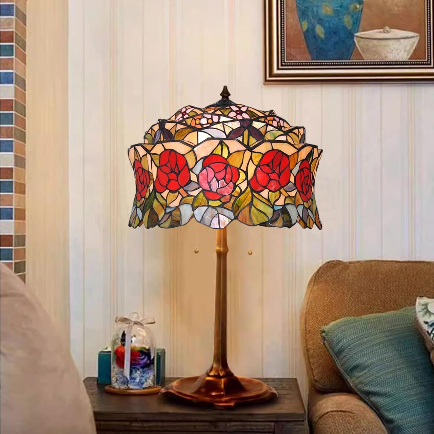 Tiffany Lamp Shade Replacement Only 16X9 Inch Rose Stained Glass Lampshades, Vintage Red Flower Hat Light Cover for Table Lamp Floor Lamp Hanging Pendant lamp Ceiling Light