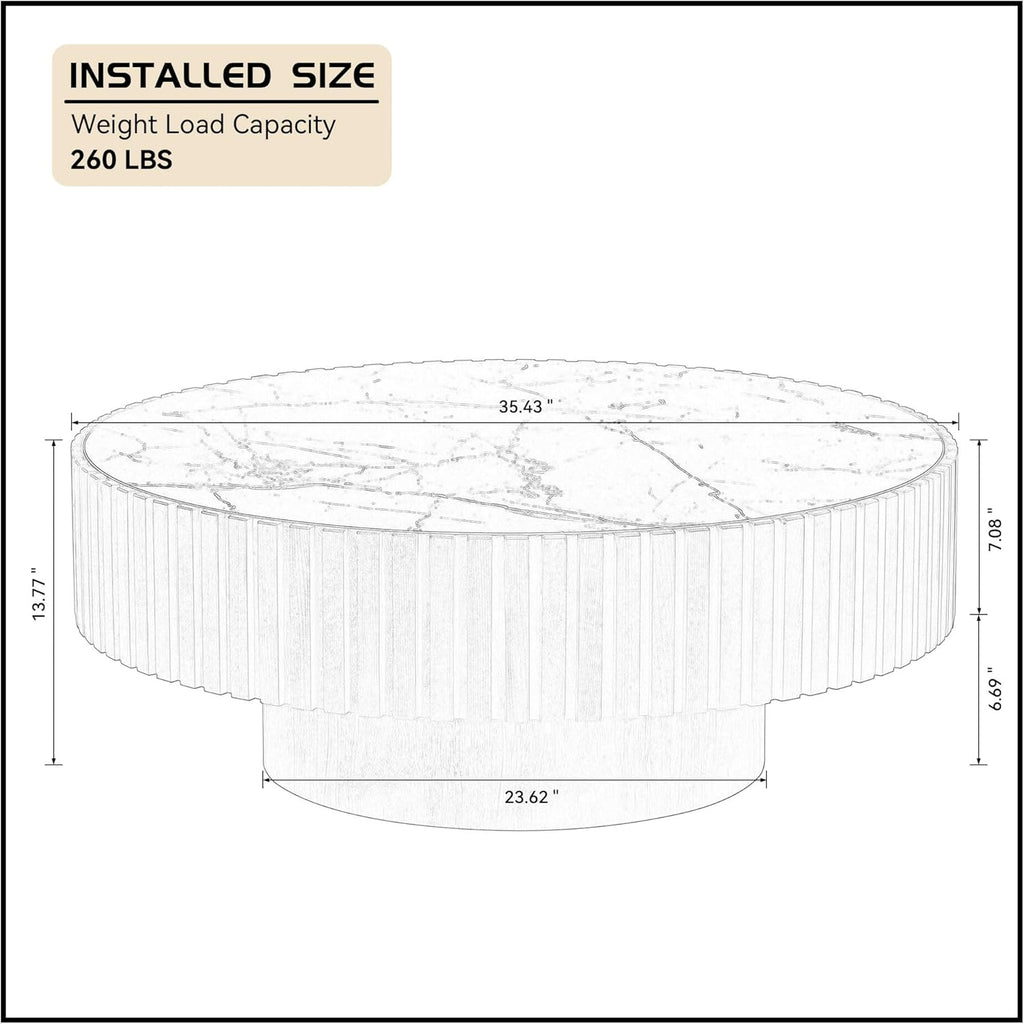 Round Coffee Table 35.43'' Circle Sintered Stone Tabletop Modern Wood Fluted Coffee Table for Living Room Apartment, Easy Assembly, Oak
