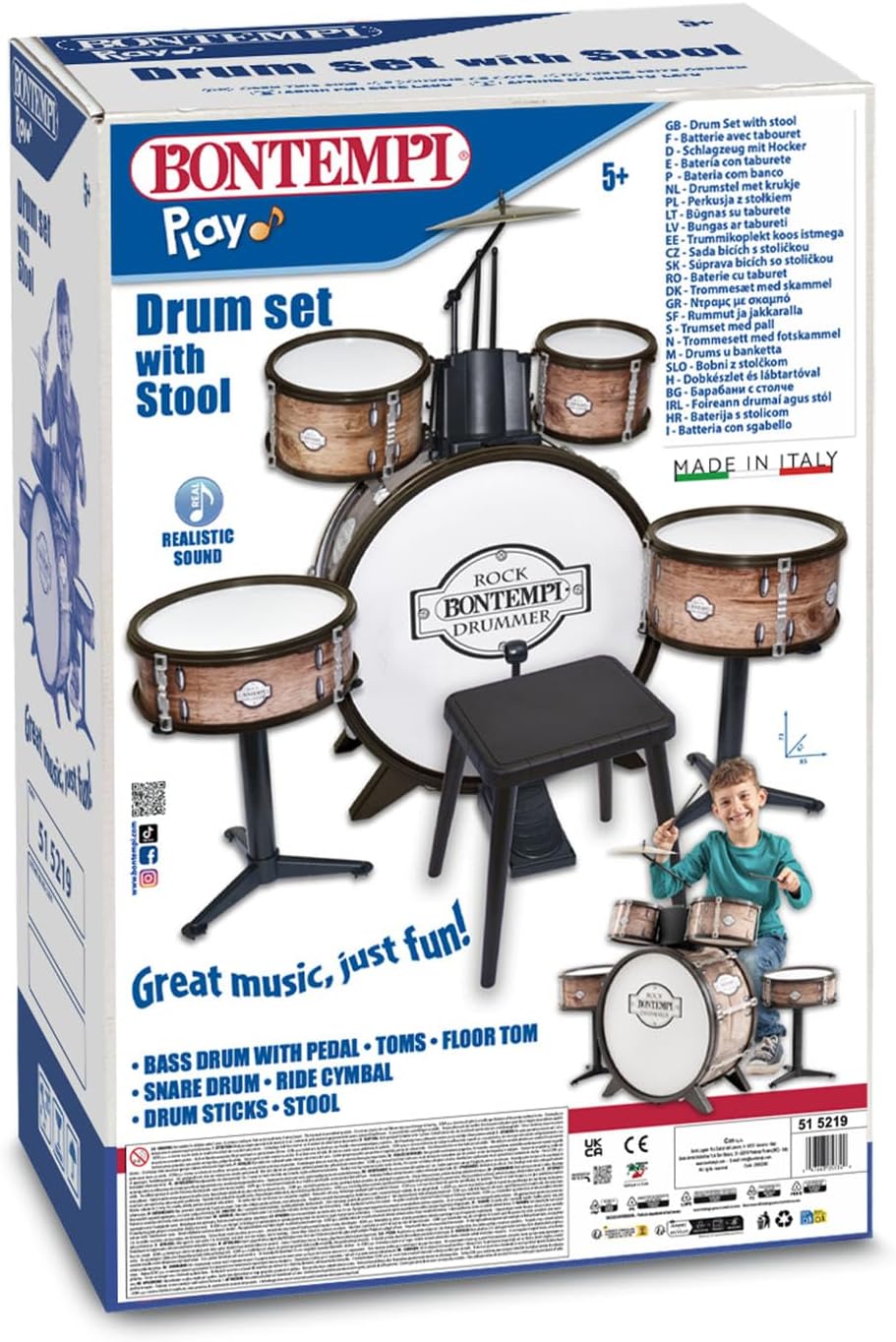 Bontempi Drum Kit with 6 Elements, Stool and 2 Sticks, Realistic Sound, 700 x 400 x 800 mm, Musical Instrument for Children from 5 Years