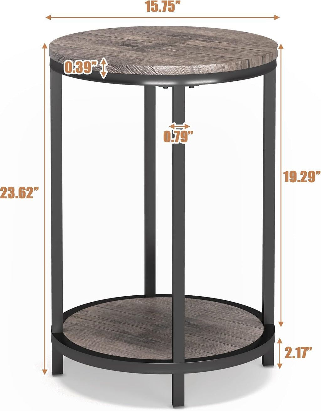 NSdirect Round Side Table Set of 2,16in Rustic Wooden End Table Surface Top & Sturdy Metal Legs Nightstand for Living Room Bedroom Farmhouse Sofa Table with Storage Open Shelf,Light Walnut