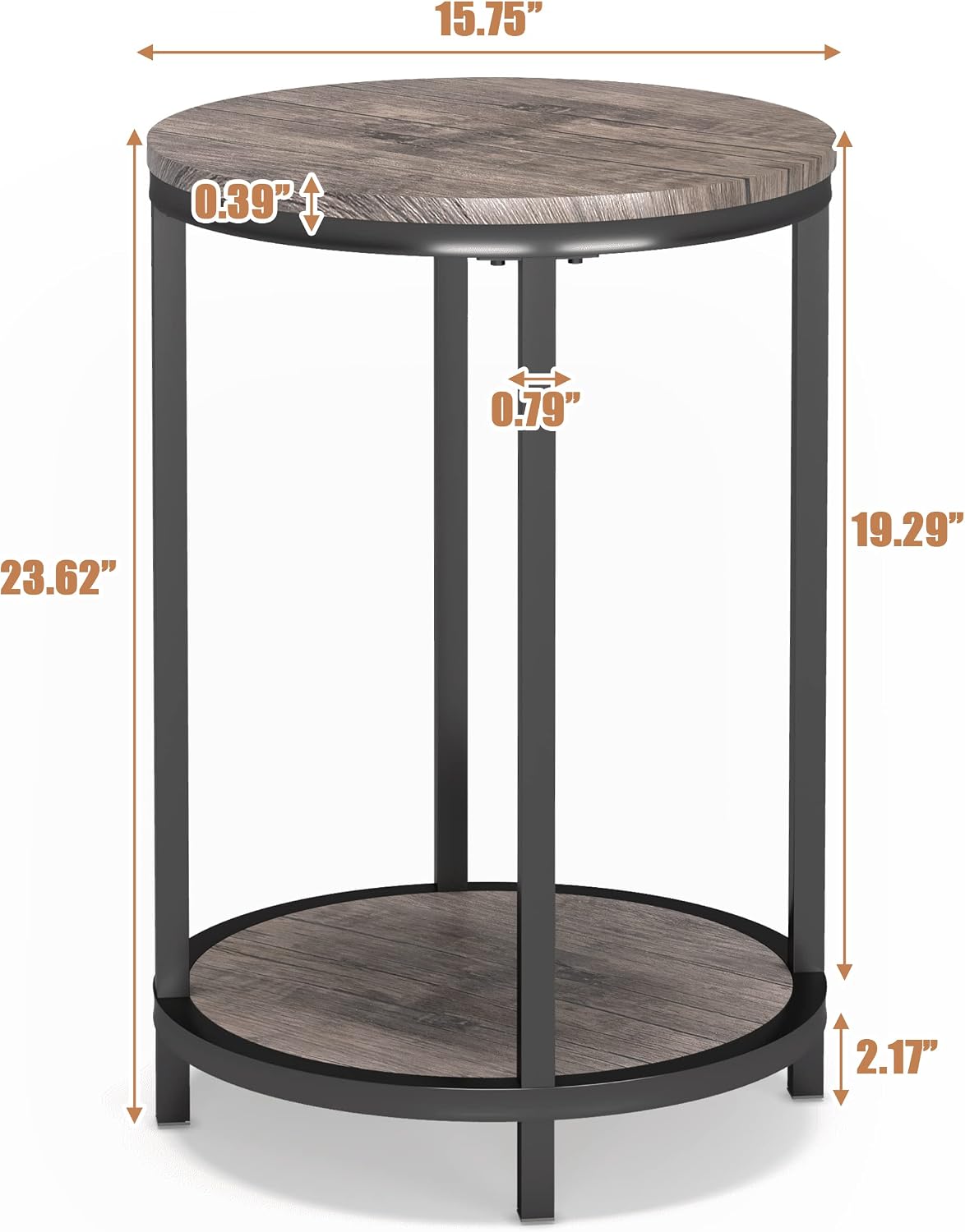 NSdirect Round Side Table Set of 2,16in Rustic Wooden End Table Surface Top & Sturdy Metal Legs Nightstand for Living Room Bedroom Farmhouse Sofa Table with Storage Open Shelf,Light Walnut