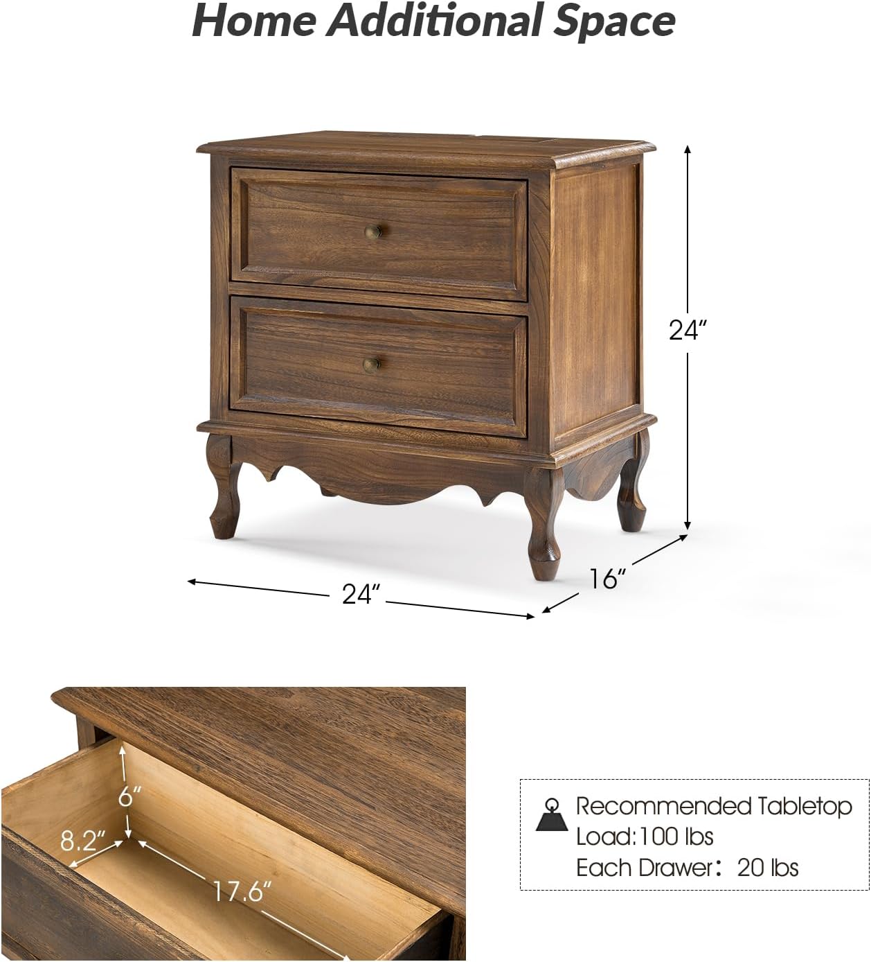 HULALA HOME Solid Wood End Table with Charging Station Space, Vintage Endtable with Wood Legs and 2 Drawers, French Side Table for Living Room，Walnut