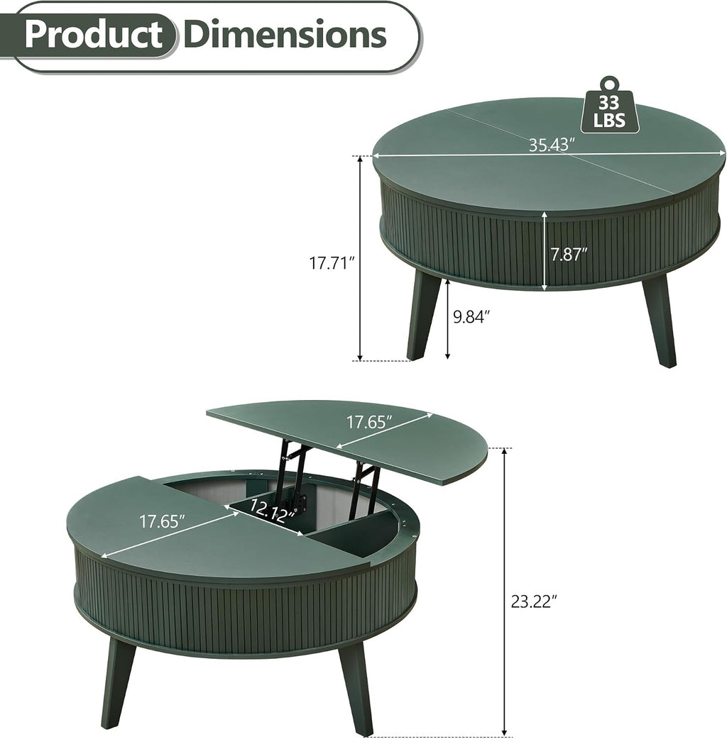 Round Lift Top Coffee Table with Storage, 35.4'' Fluted Wood Center Table Mid Century Modern Coffee Table with Lifting Top for Living Room, Office, Small Space Green