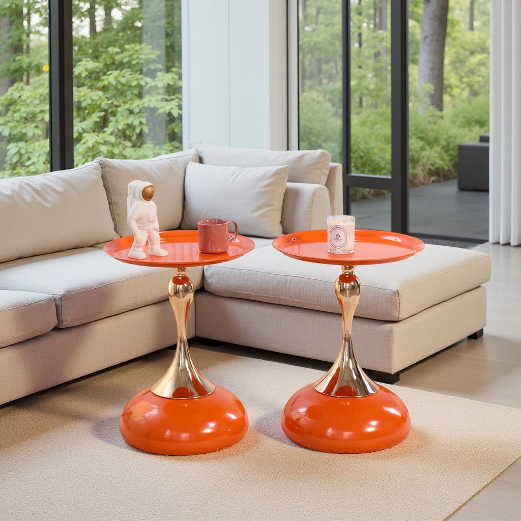 2-Pack Sleek Hourglass Side Table - Modern Stylish Hermes Orange Accent Table | Glossy Finish & Chic Metallic Detail - Ideal for Living Room, Bedroom, Cafe & Home Decor Spaces