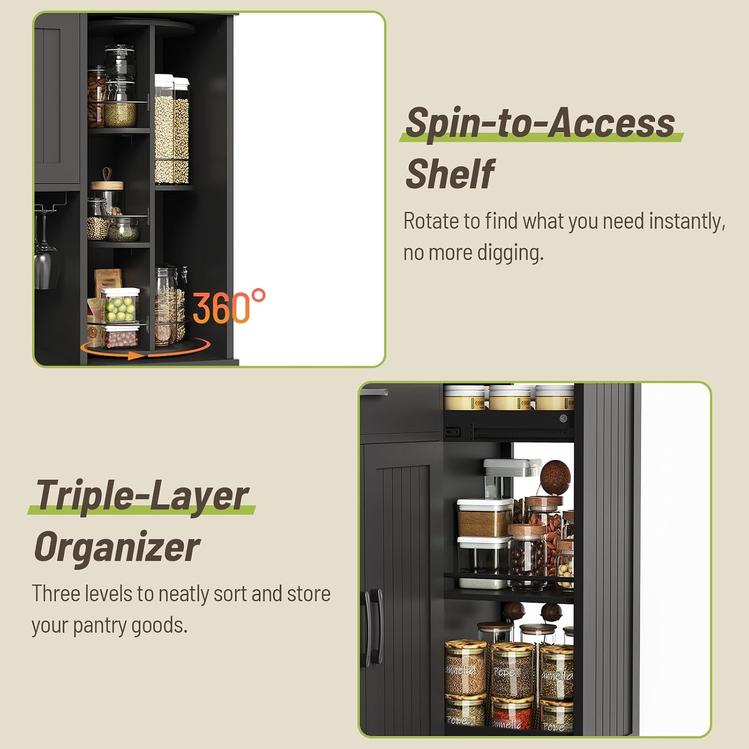Pantry Cabinet Set of 2, 67.7' Tall Kitchen Pantry Storage Cabinet with 360° Rotating Shelf & 2 Racks, Freestanding Kitchen Hutch with Charging Station & Drawer, for Dining Room, Black