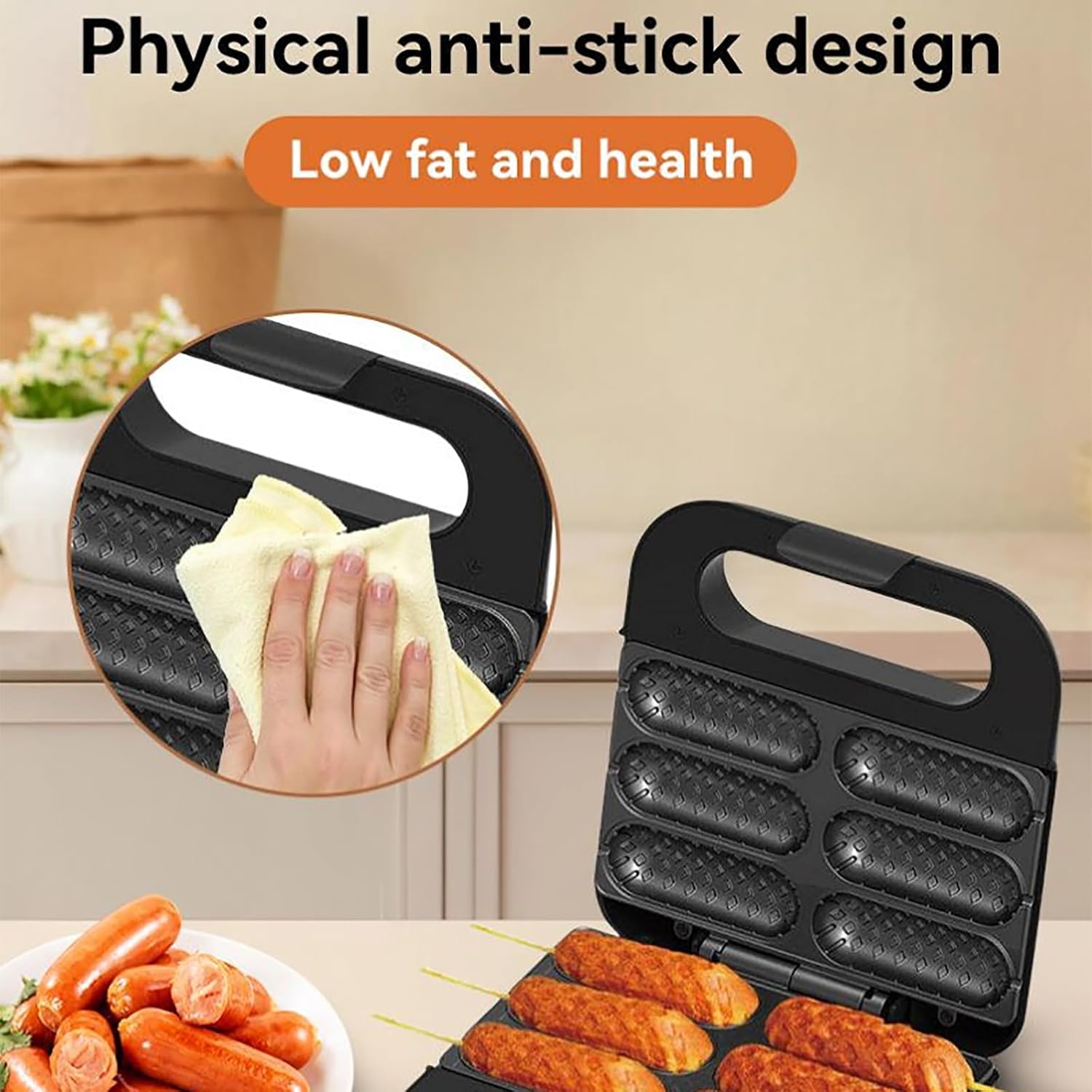Corn Dog Maker, Hot Dog Waffle Machine with Non-stick Coating Plate, Double Sided Circulation Heating and Make 6 Corn Dogs, Easy To Use and Store for Restaurant Bake