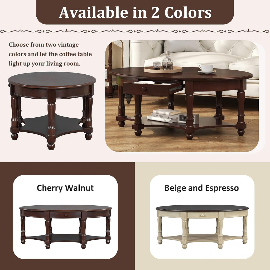 Merax 45' Vintage Oval Rubber Wood Coffee Table with Drawer and Storage Shelf, Antique Cocktail Tables, French Country Accent for Living Room, Walnut