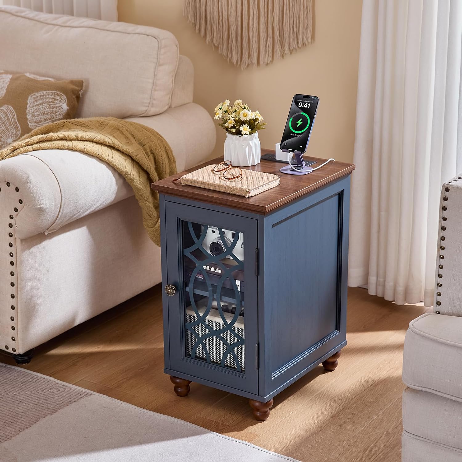 Joaxswe Narrow Side Table with Charging Station Set of 2, Night Stand with Glass Door,Bedside End Tables with Adjustable Shelf Storage Cabinet,Wood Nightstand for Small Spaces Living Room Bedroom