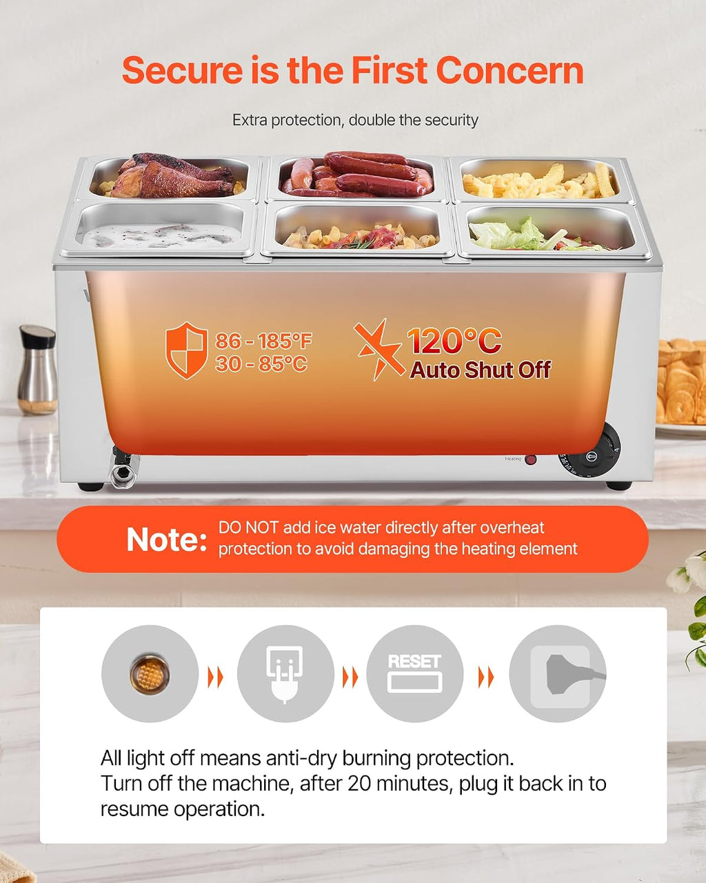 VEVOR 6-Pan Commercial Food Warmer, 24QT Electric Steam Table, 1200W Professional Countertop Stainless Steel Buffet Bain Marie with 86-185°F Temp Control for Catering and Restaurants, Silver