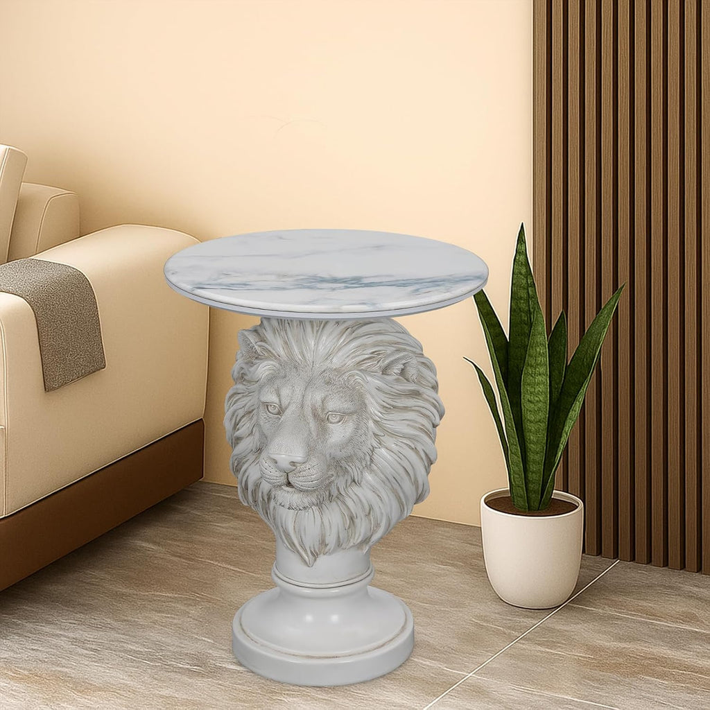 White Lion Head Sculptural Side Table with Faux Marble Top, 19.68' Round Resin Animal End Table, 25.59' H Majestic Accent Table for Living Room & Entryway, Regal Housewarming Gift