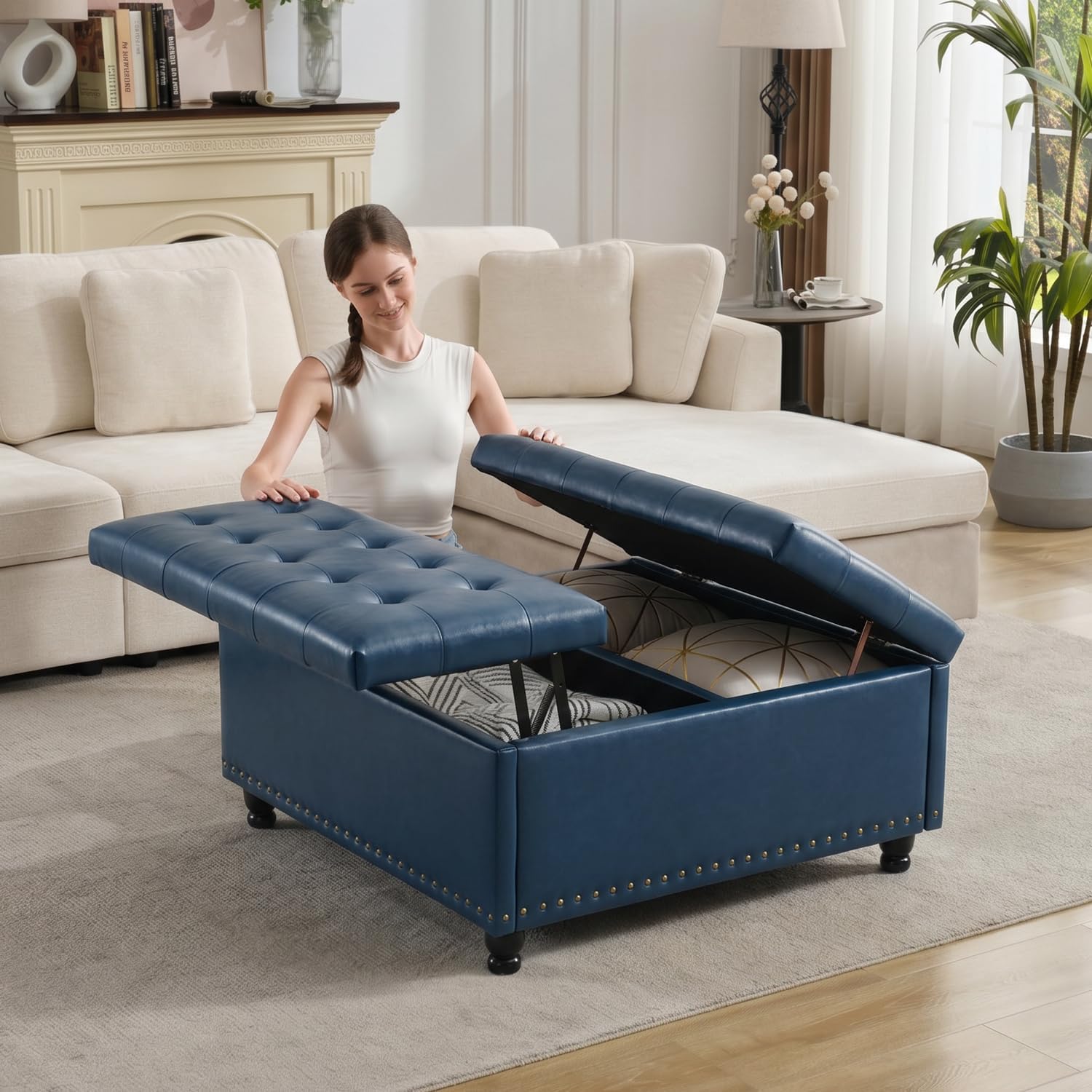Tbfit Large Square Storage Ottoman Bench, Tufted Upholstered Coffee Table Ottoman with Lift Top & Wooden Legs, Oversized Storage Ottomans Toy Box for Living Room (Blue PU)