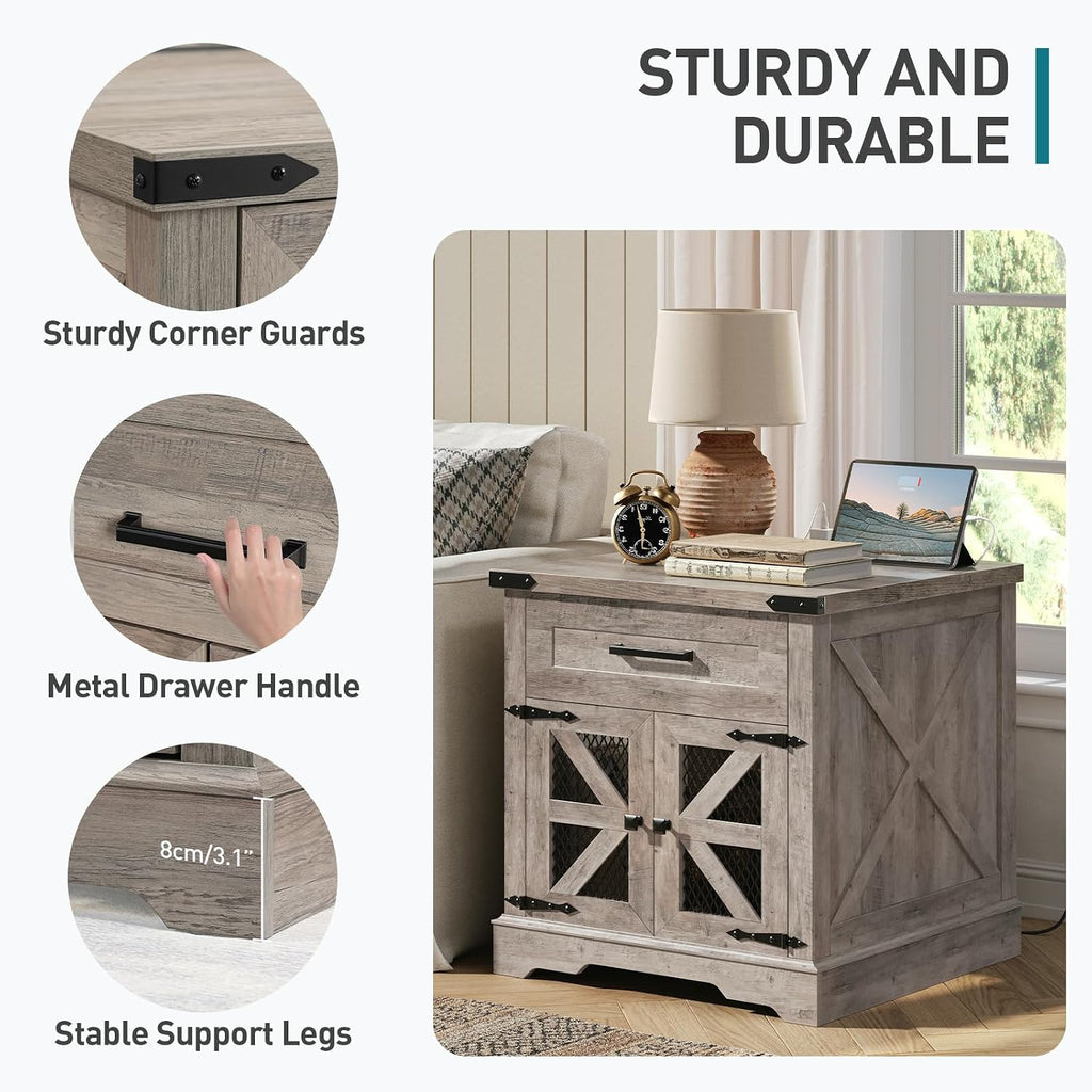 RALGEND Farmhouse End Table Set of 2, 24' Large Sofa Side Table with Drawer, Large End Table for Living Room, Wooden Nightstand with Charging Station, Square, Greige